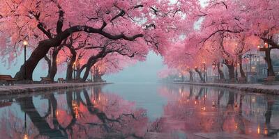 Cherry blossom trees line tranquil waterway during spring, creating a serene landscape at dusk in a peaceful setting photo
