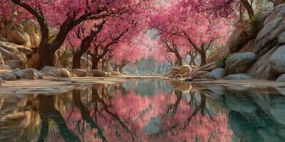 Pink cherry blossom trees line a serene riverbank reflecting vibrant colors in early spring sunlight photo