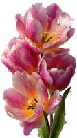 Vibrant pink tulips with dew drops against a bright background in a lush garden setting photo