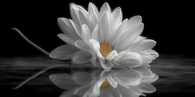 White flower lying on water with reflections captured in black and white style photo