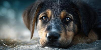 Puppy resting on sandy ground during a sunny day at the beach, showcasing curious eyes and a playful demeanor photo