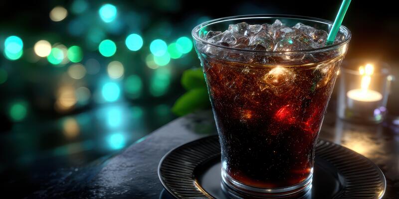 Refreshing drink served with ice at a dimly lit bar surrounded by colorful lights in the evening