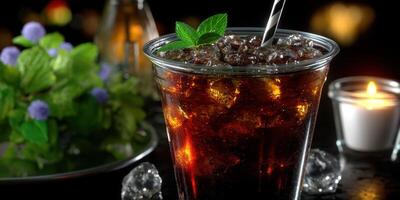 Refreshing drink served with mint leaves and ice in a dimly lit setting perfect for evening gatherings photo
