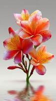 Colorful flowers with droplets reflecting in calm water during a serene morning photo