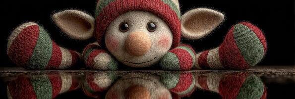Festively dressed elf character with a joyful expression relaxing on a reflective surface during the holiday season photo