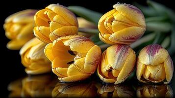 Bright yellow tulips with red tips showing droplets in vibrant colors on a dark background photo