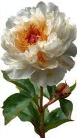 Beautiful white peony flower with vibrant center blooming in a garden during springtime photo