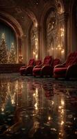 Luxurious interior with red chairs, sparkling decorations, and festive ambiance during holiday season celebration photo