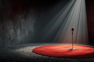 Spotlight on microphone in a dark, intimate setting with a red carpet and dramatic lighting for performance or presentation photo