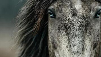Majestic horse with flowing mane gazes into the distance on a serene morning photo