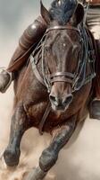 Powerful black horse galloping fast over sandy terrain in a dramatic equestrian display photo