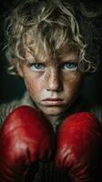 Young boxer with curly hair and freckles ready for a match in red gloves during an indoor training session photo
