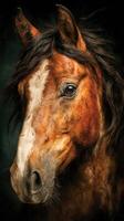 Majestic brown horse with flowing mane gazes intensely in a dark setting photo