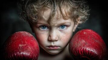 Young child with determined expression wearing red boxing gloves preparing for a match indoors photo