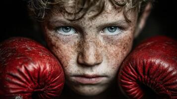 Young boxer preparing for a match with determination in his eyes and gloves resting on his cheeks photo