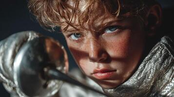 Young fencer prepares for a match with intense focus and determination at a training facility photo