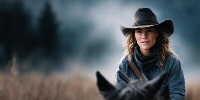 Cowgirl in a wide-brim hat gazes into the distance on a horse during a misty morning in the countryside photo