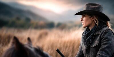Woman in cowboy hat rides through tall grass at sunset while holding a rifle for hunting photo