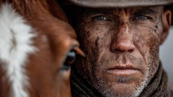Portrait of a rugged cowboy with a horse at dawn in a Western landscape setting photo