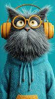 Furry character wearing headphones and a cozy hoodie on a bright background in a playful and whimsical setting photo