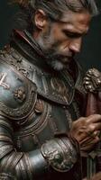 A warrior in ornate armor contemplating his sword in a dramatic setting photo