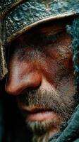 Close-up of a warrior's determined expression during an intense moment in a historic battle setting photo