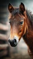 Brown foal gazing curiously in a rustic barn setting during early morning light photo