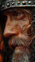 Intense gaze of a historical warrior close-up under natural light in a rustic outdoor setting photo