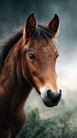 Brown foal with gentle expression in a misty forest setting during early morning light photo
