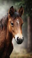 Young horse stands in misty forest, showcasing its gentle features and serene expression while surrounded by nature photo