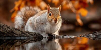 Squirrel drinking water near a tranquil pond surrounded by autumn foliage in a forest during mid-afternoon photo