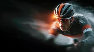 Cyclist racing through the storm with determination in an intense competition setting photo