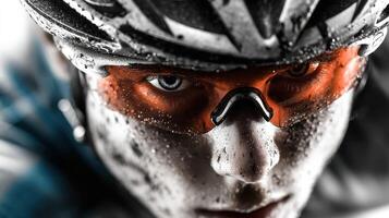 Cyclist focused on race with determined look and covered in splashes of mud during intense competition photo