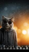 Grey cat wearing sunglasses and a hoodie stands confidently against a colorful blurred background at night photo