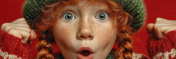 Excited child with red hair and freckles celebrating with hands raised in festive atmosphere photo