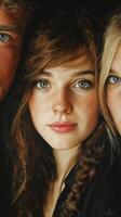 Close-up portrait of three friends with striking blue eyes and various hair colors against a dark background photo