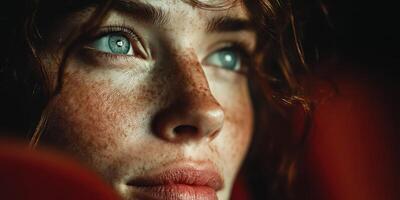 Close-up of a young woman with blue eyes and freckles expressing deep emotions in a dimly lit room during evening photo