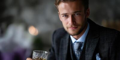 Man in formal attire enjoying a drink in a cozy, elegantly decorated interior during a social gathering in the evening photo
