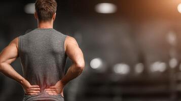 Man experiencing lower back pain in a gym environment during a workout session at a fitness center photo