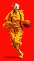 Dynamic athlete dribbling basketball in vibrant orange outfit against bold red background photo