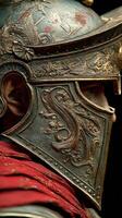 Detailed Roman soldier helmet showcasing intricate designs and craftsmanship at a historical reenactment event photo