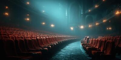 Empty theater with red plush seats illuminated by soft light in a tranquil setting at night photo