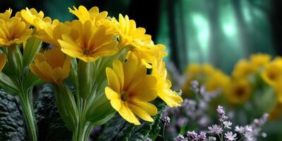 Vibrant yellow flowers bloom in a lush forest setting under soft sunlight during spring photo
