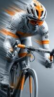 Cyclist racing through a dynamic urban landscape at high speed during an early morning competition photo