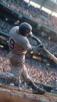 Baseball player hitting home run during night game in packed stadium with cheering fans photo