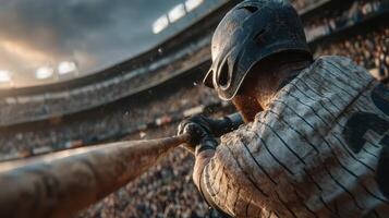 Ball player prepares to swing bat during a game at a baseball stadium under dramatic cloudy skies photo