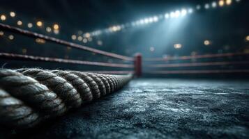 Boxing ring at dusk with bright lights illuminating the arena for an intense match photo