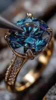Elegant blue gemstone ring with intricate design showcased in detailed craftsmanship photo