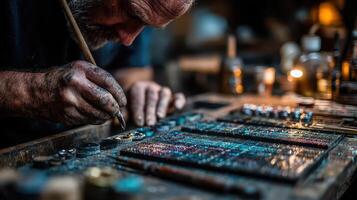 Crafting intricate metal designs in a workshop during evening hours for artistic jewelry photo