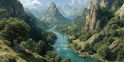 Mountain landscape with river meandering through lush greenery and rugged cliffs under clear blue sky photo